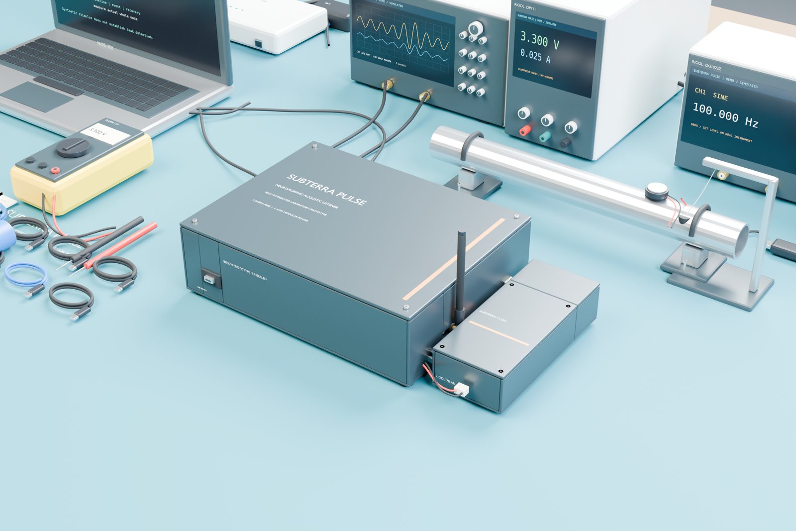 3D render of the assembled SubTerra Pulse enclosure, antenna, and battery pod on the lab bench