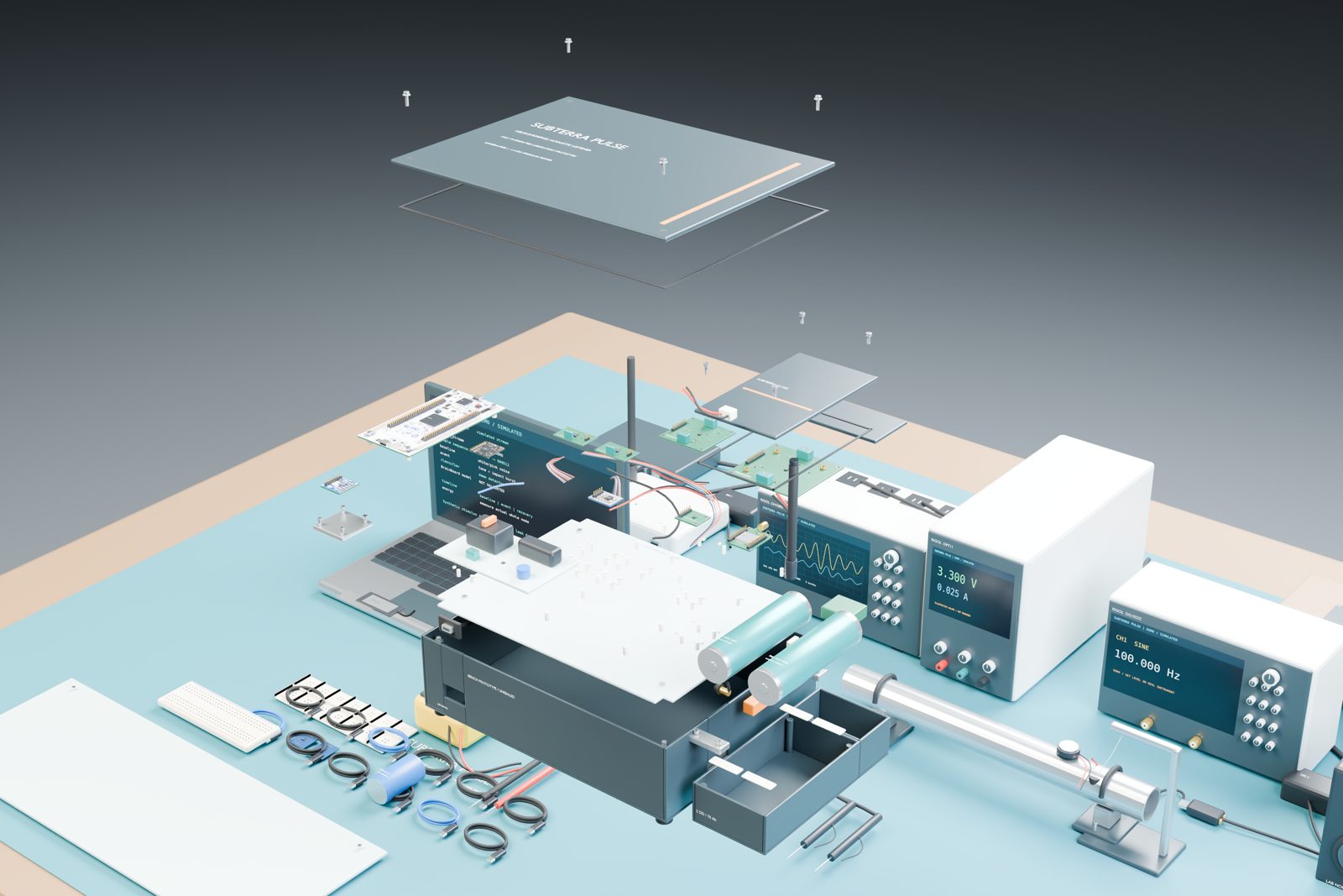 3D render of the N05 prototype with the enclosure and boards separated